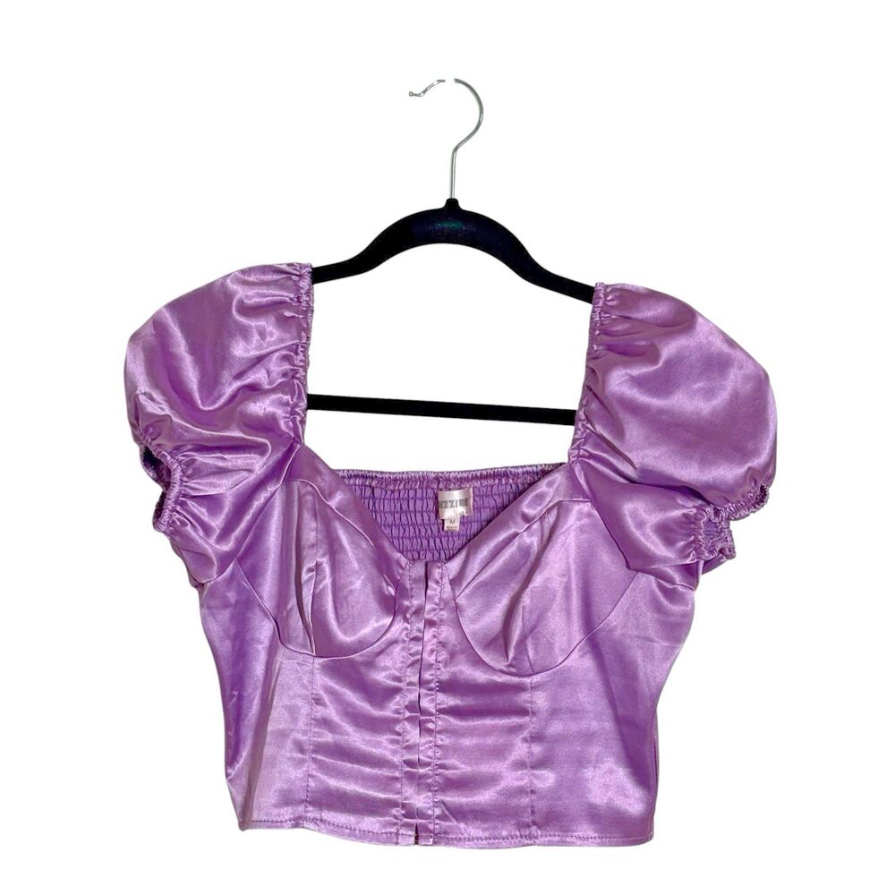 Dizzire Purple Satin Puff Sleeve Milkmaid Corset Crop Top M Coquette Regency Y2K